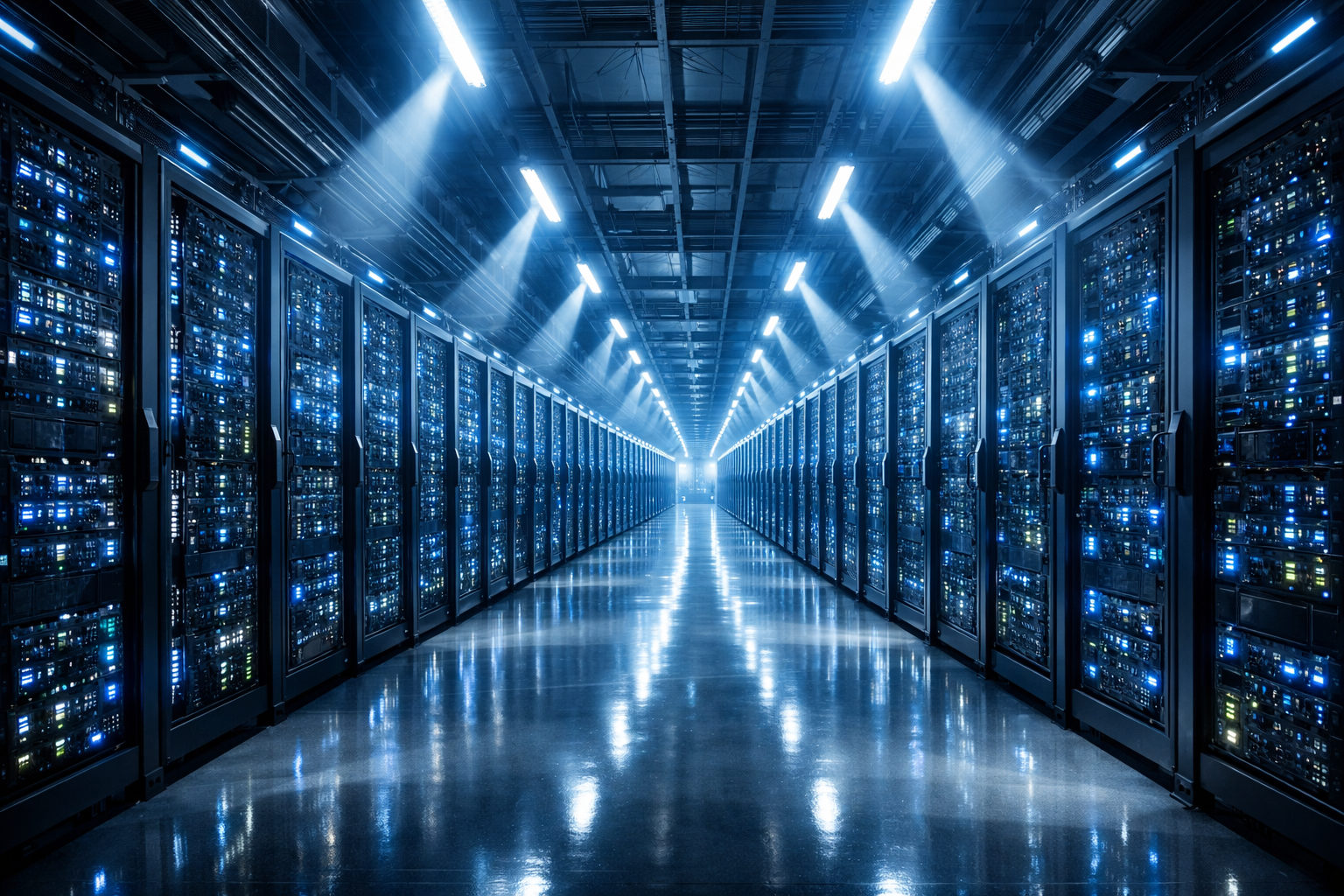 Interior de un centro de datos moderno con hileras de racks iluminados en tonos azules, cableado ordenado y suelo técnico reflectante