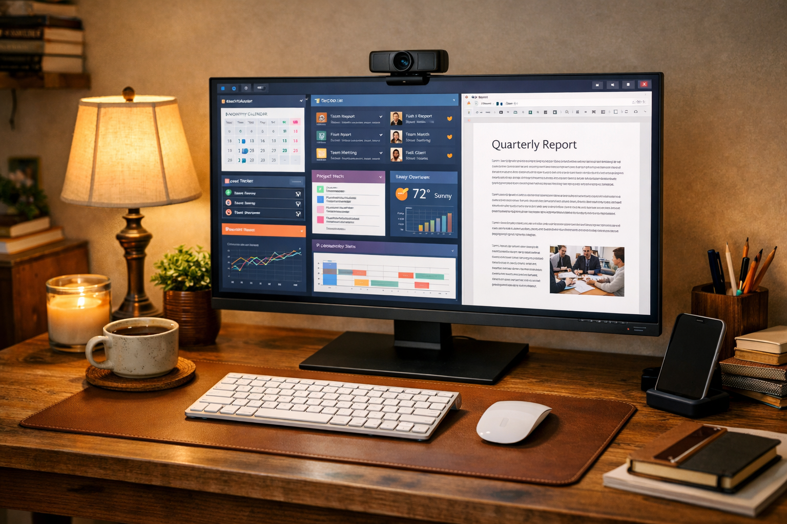 Escritorio moderno de trabajo con portátil ultradelgado, monitor externo, teclado ergonómico, ratón inalámbrico y auriculares para videollamadas