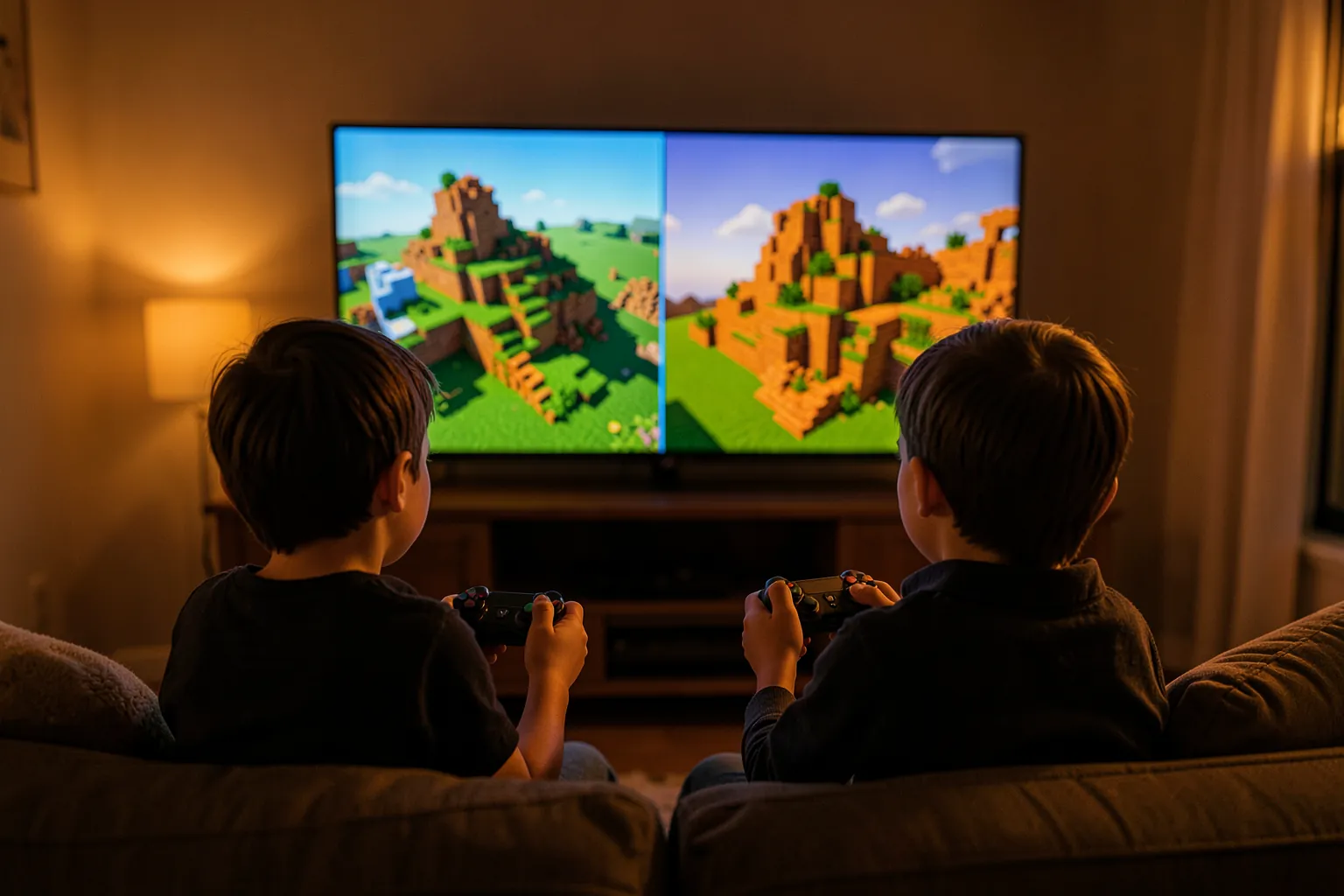 Dos niños de espaldas en un sofá jugando en pantalla dividida, con dos paisajes de bloques en la televisión