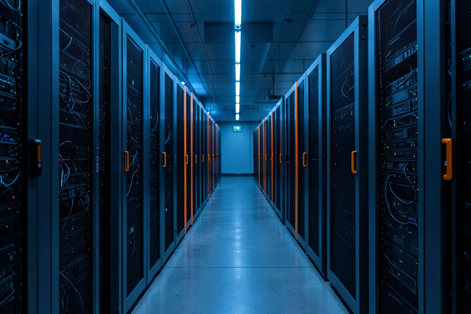Pasillo largo de armarios de servidores en un centro de datos moderno con luces azules frías y detalles naranjas