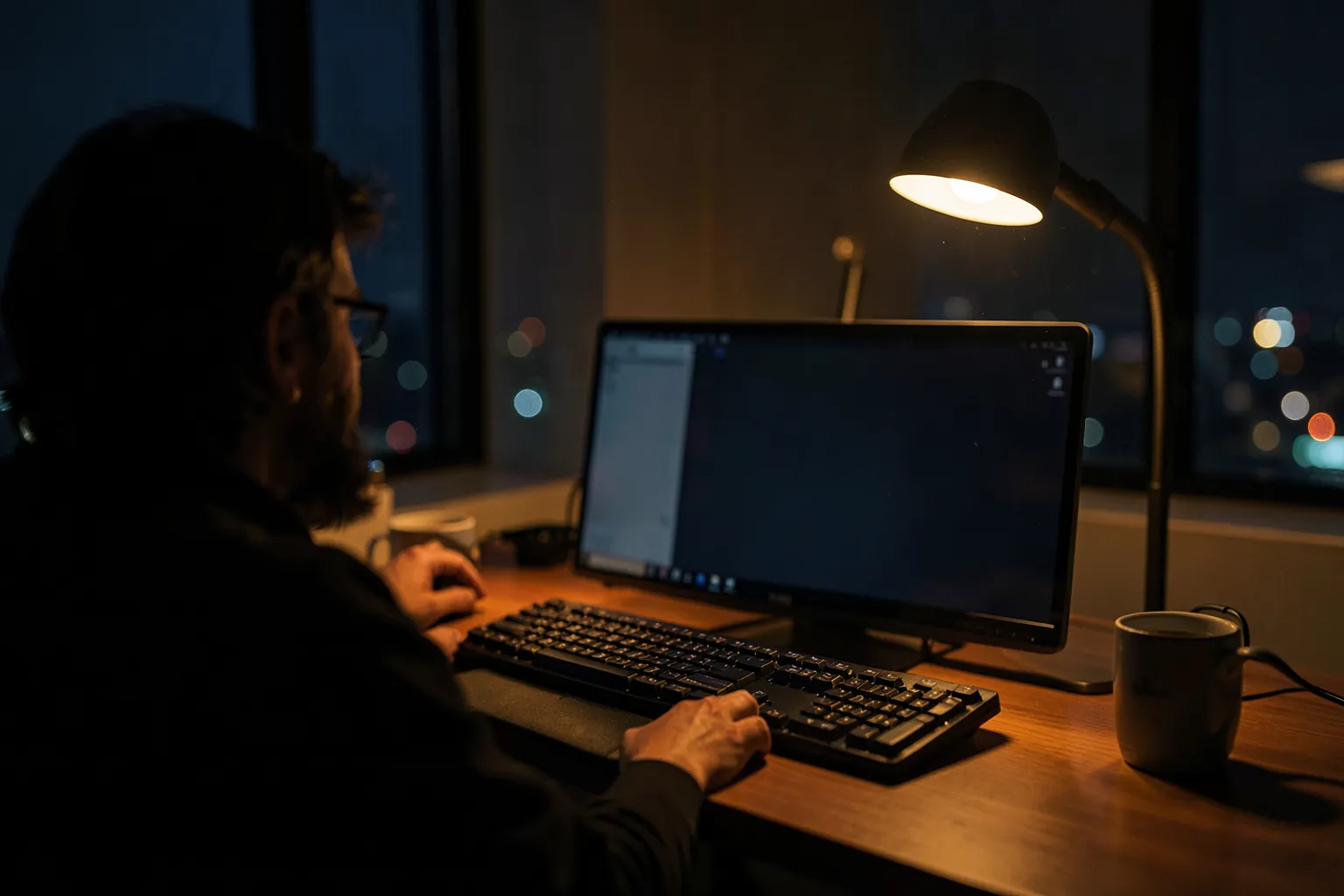 Persona programando de noche en un escritorio con un monitor, un teclado y una lámpara cálida junto a una ventana con luces de ciudad