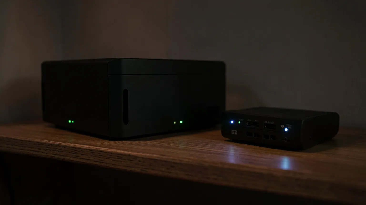 Pequeño servidor casero con luces verdes encendido en una estantería junto a un router