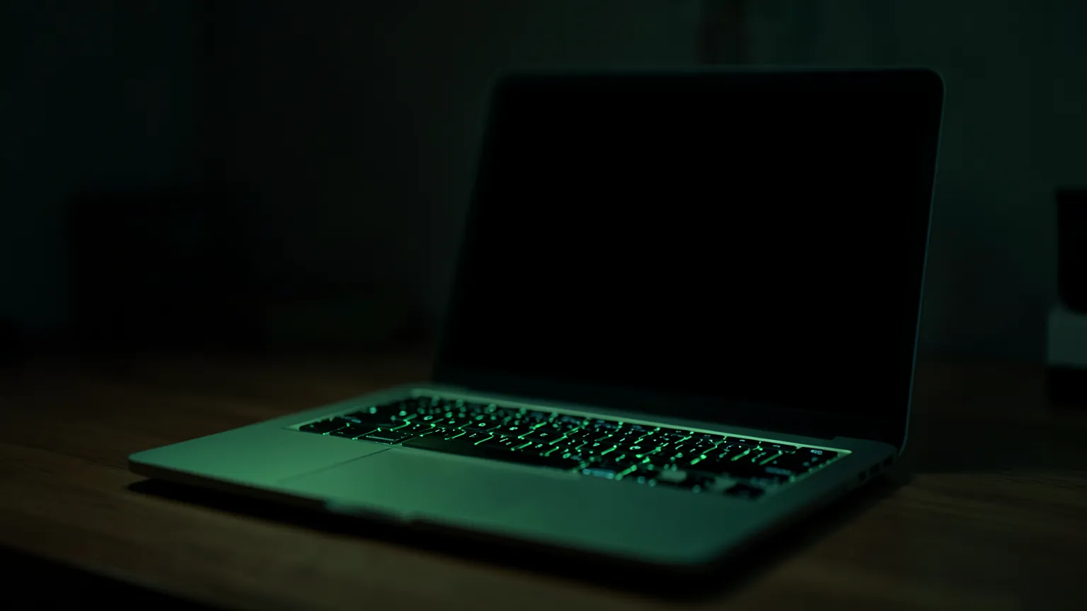 Portátil abierto en una habitación oscura con la pantalla negra y el teclado iluminado en verde