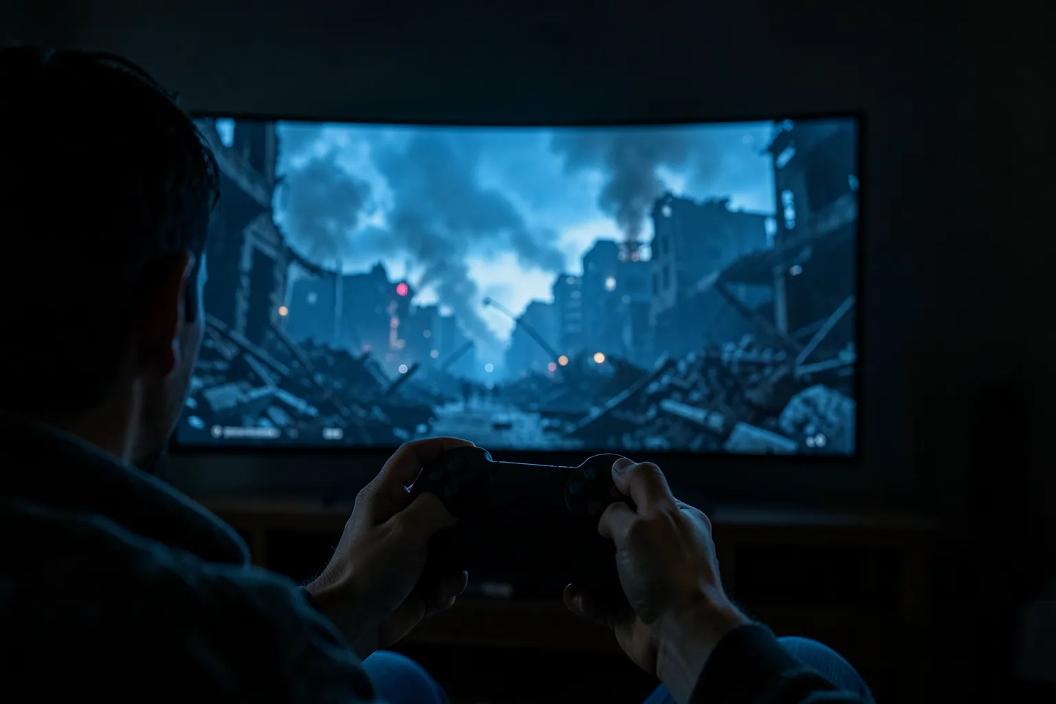 Persona de espaldas con un mando jugando a un shooter militar en una tele grande, con una ciudad en ruinas en pantalla