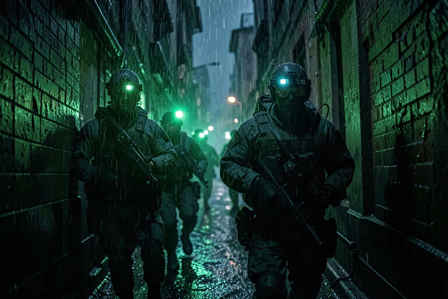 Soldados de fuerzas especiales con gafas de visión nocturna avanzando por un callejón oscuro bajo la lluvia