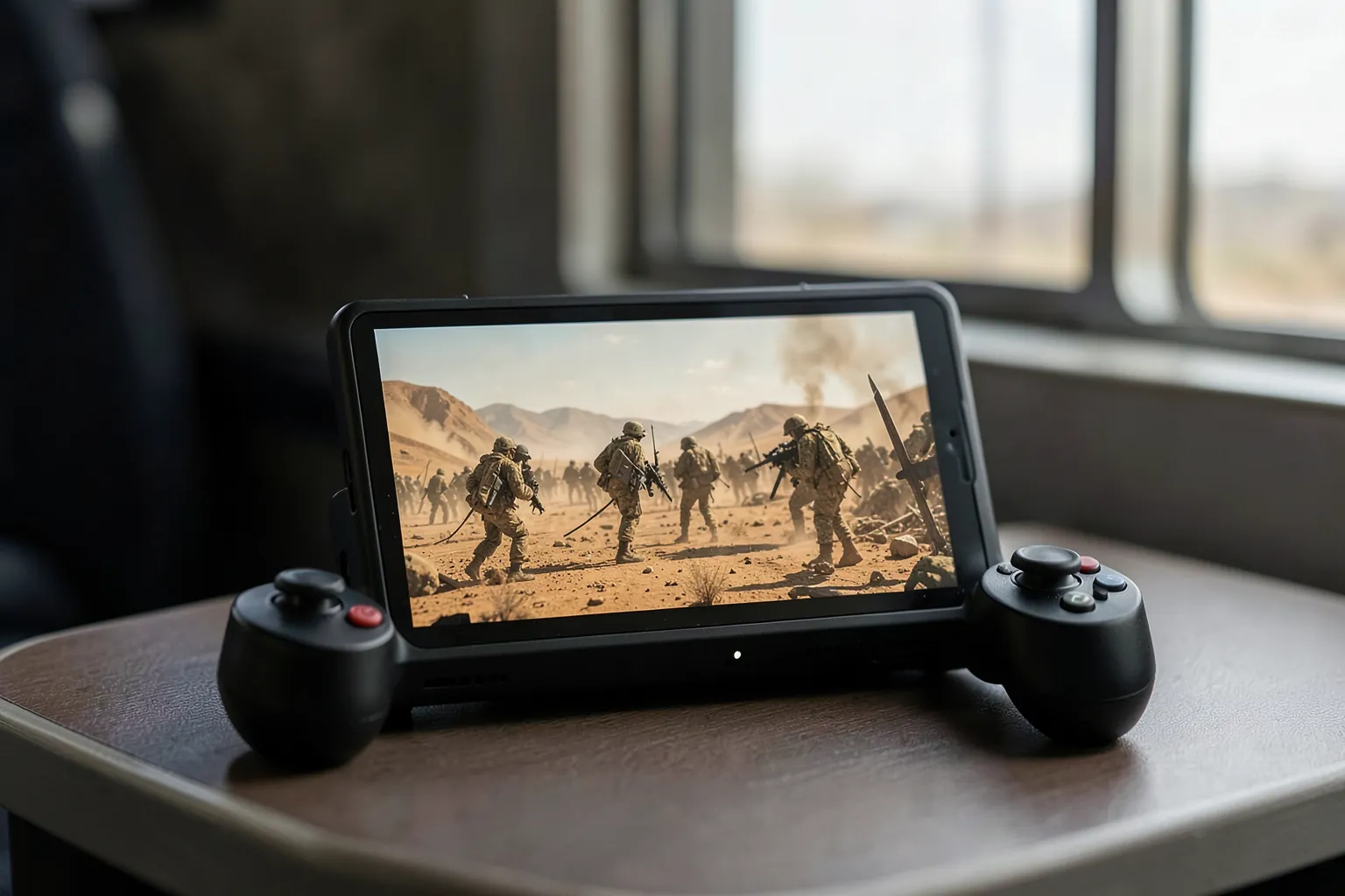 Consola portátil negra con mandos acoplados sobre la mesa de un tren, mostrando un campo de batalla desértico