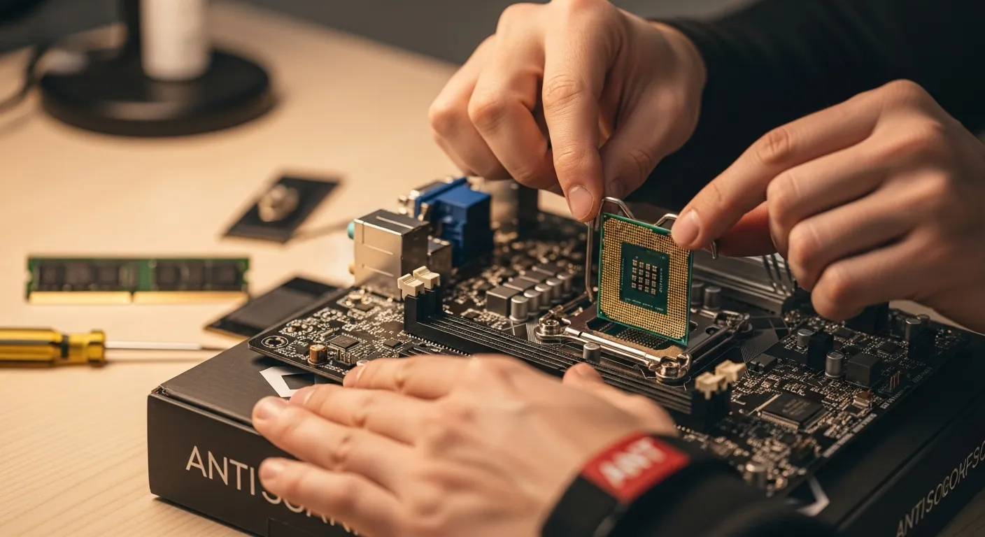 Manos instalando un procesador en la placa base - Guía de montaje paso a paso