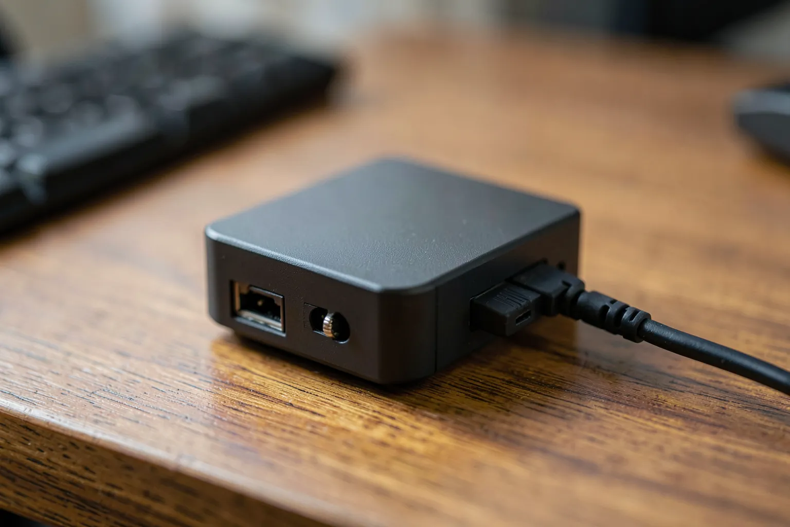 Mini ordenador compacto sobre un escritorio junto a un cable de red