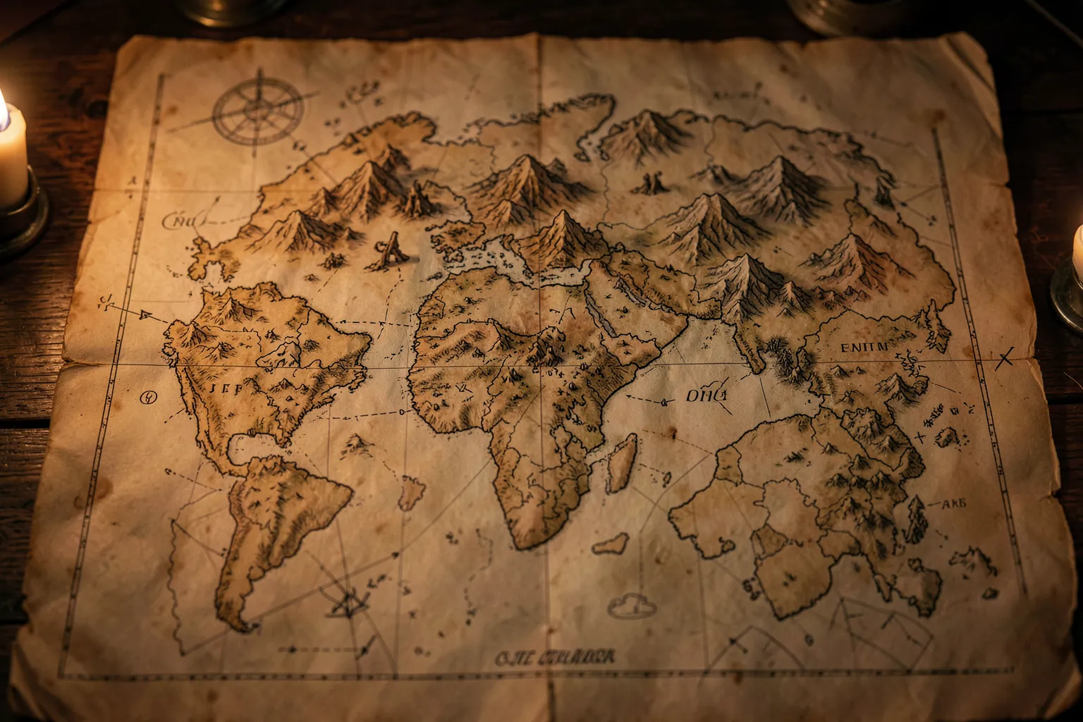 Mapa de un mundo de fantasia dibujado sobre pergamino con marcas de exploracion
