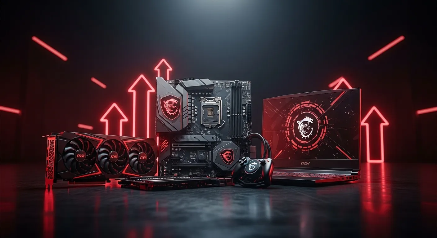 Productos MSI gaming con gráficos de precios en alza sobre un fondo tecnológico oscuro