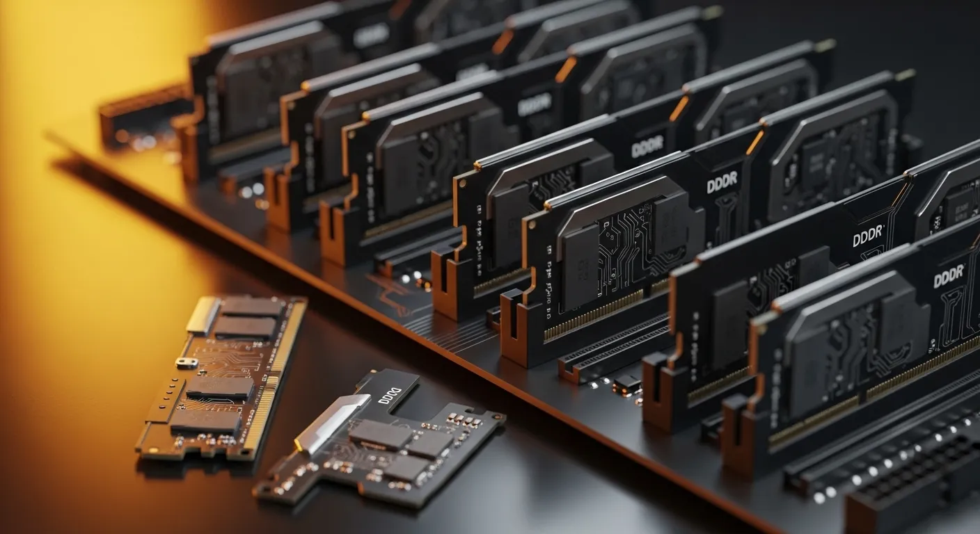 Módulos de memoria RAM DDR5 sobre fondo oscuro con efecto de escasez y precios elevados