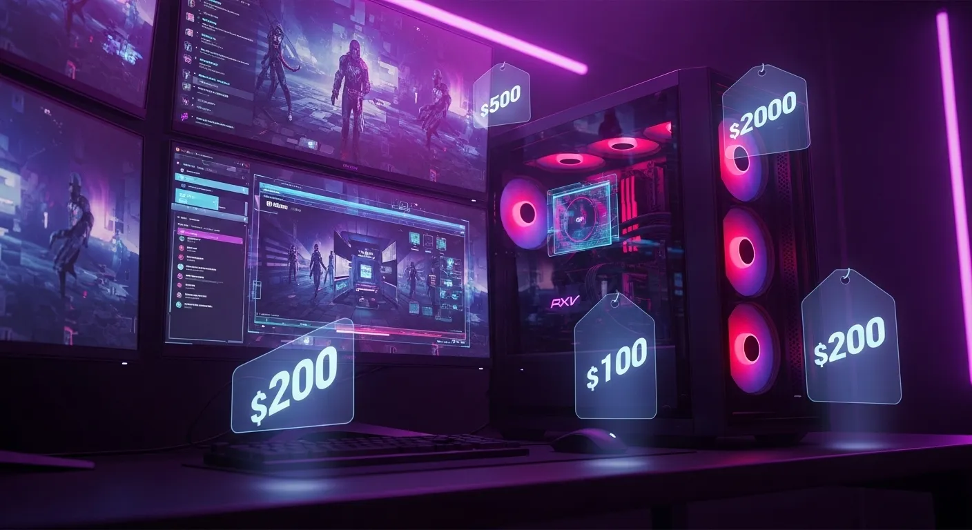 Setup de PC gaming con componentes iluminados y señales de precios elevados