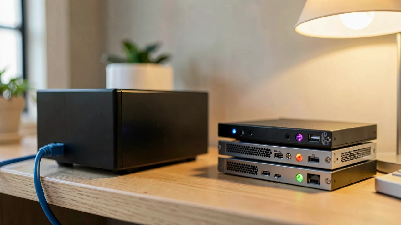 Varios equipos informáticos compactos apilados sobre un escritorio de madera junto a una caja negra de discos externa con un cable de red azul conectado