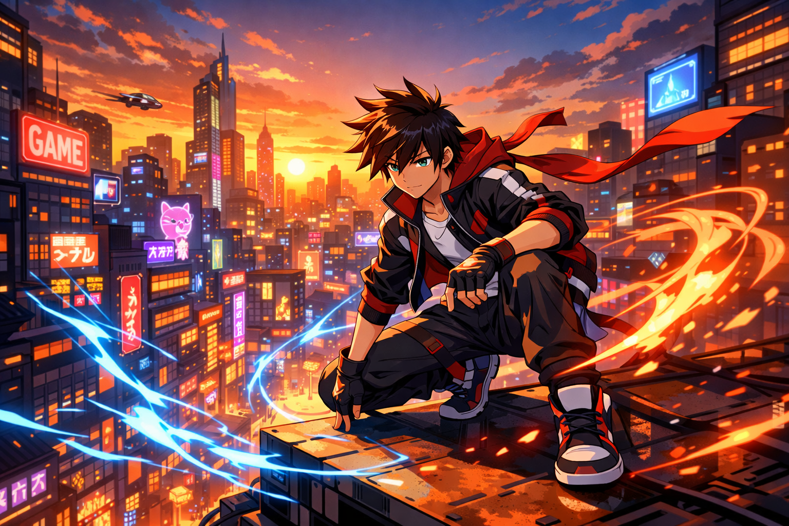 Ciudad futurista de Neverness to Everness con personajes anime en un mundo abierto urbano con vehículos y neón