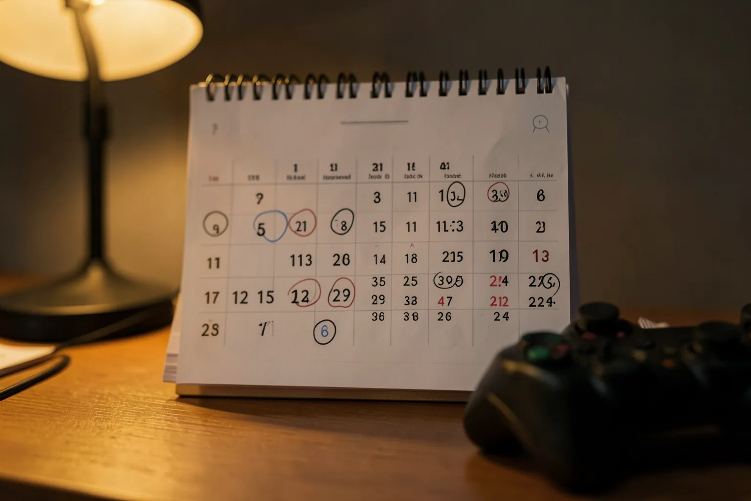 Calendario de pared con fechas marcadas junto a un mando de videojuegos