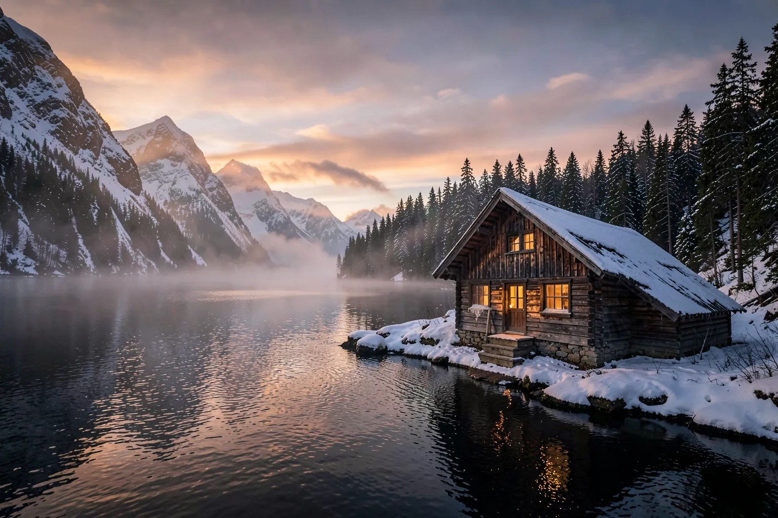 Cabana de madera junto a un fiordo nevado al amanecer