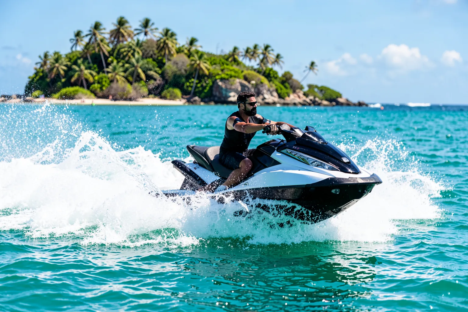 Moto acuática surcando aguas turquesas junto a una isla tropical con palmeras en un día soleado