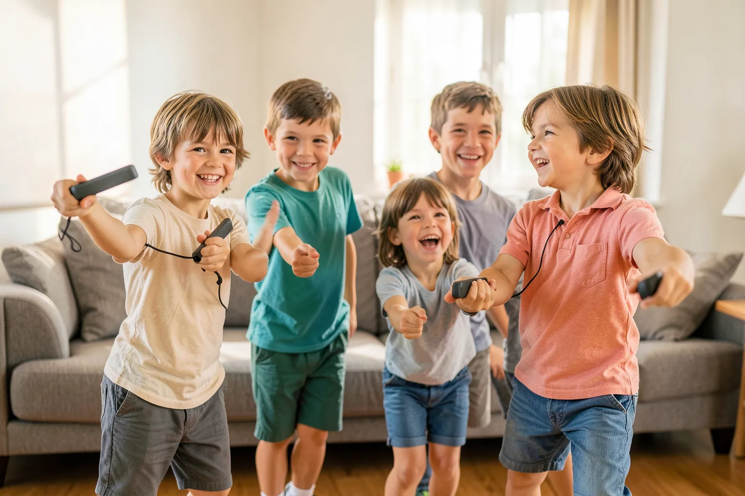 Cinco niños riendo en un salón con mandos de movimiento pequeños y correas en la muñeca