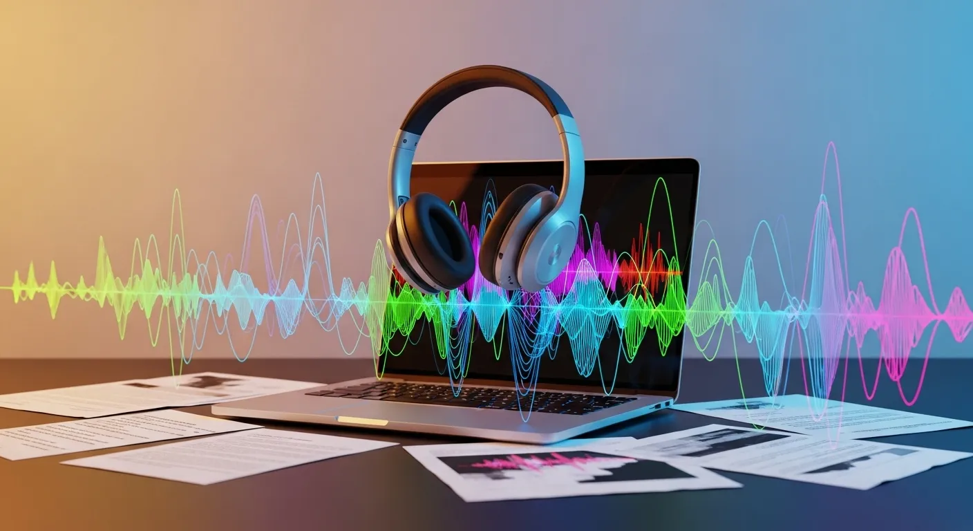 Representación visual de Audio Overviews de NotebookLM con ondas de sonido y documentos
