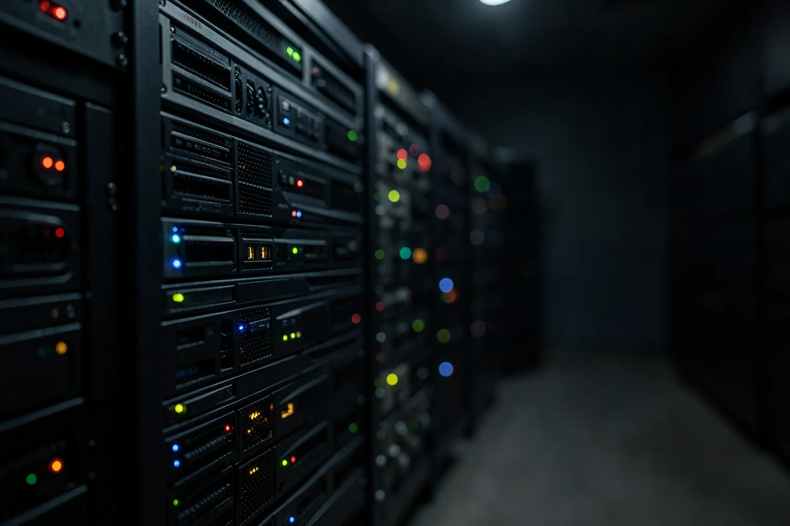 Estanteria de almacenamiento digital con unidades de disco iluminadas