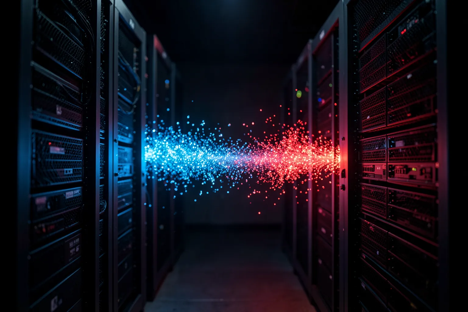 Cadena de datos luminosos fluyendo entre dos servidores enfrentados en penumbra