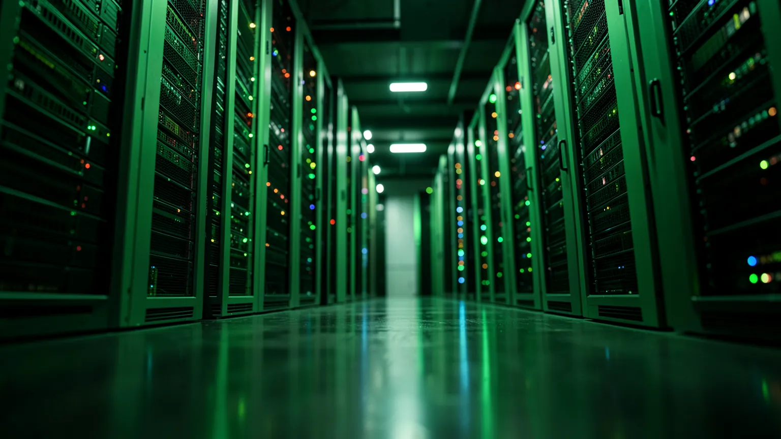 Interior de un centro de datos con largas hileras de servidores iluminados en verde