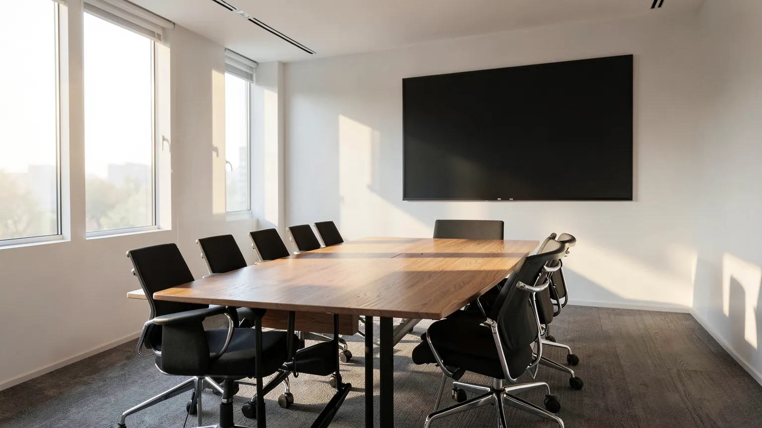 Sala de reuniones vacía con una mesa larga, sillas y una pantalla apagada en la pared, con luz de tarde