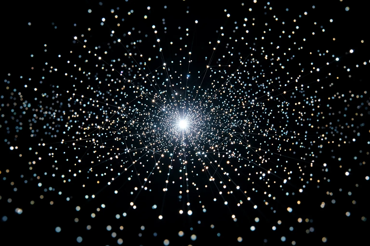 Enjambre de puntos de luz convergiendo hacia un punto brillante en la oscuridad