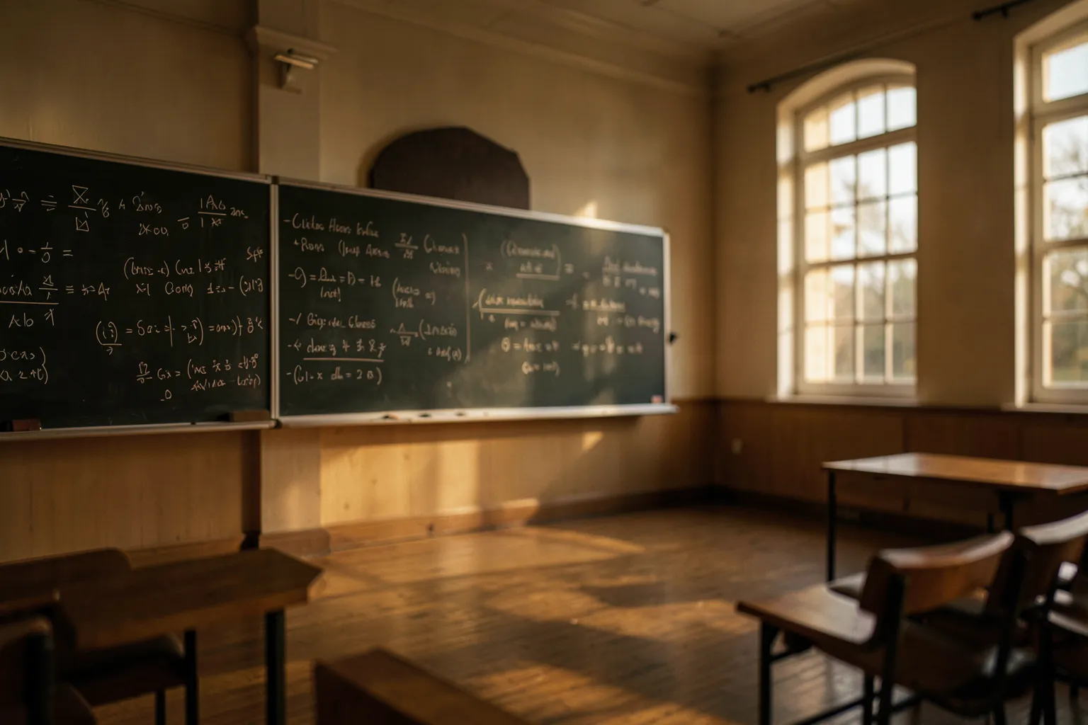 Pizarra cubierta de ecuaciones manuscritas en un aula vacia iluminada
