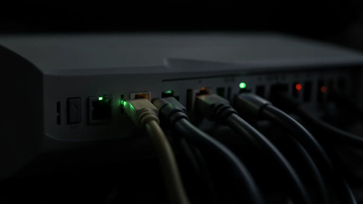 Primer plano de cables de red conectados a un conmutador con luces verdes y ámbar en la penumbra