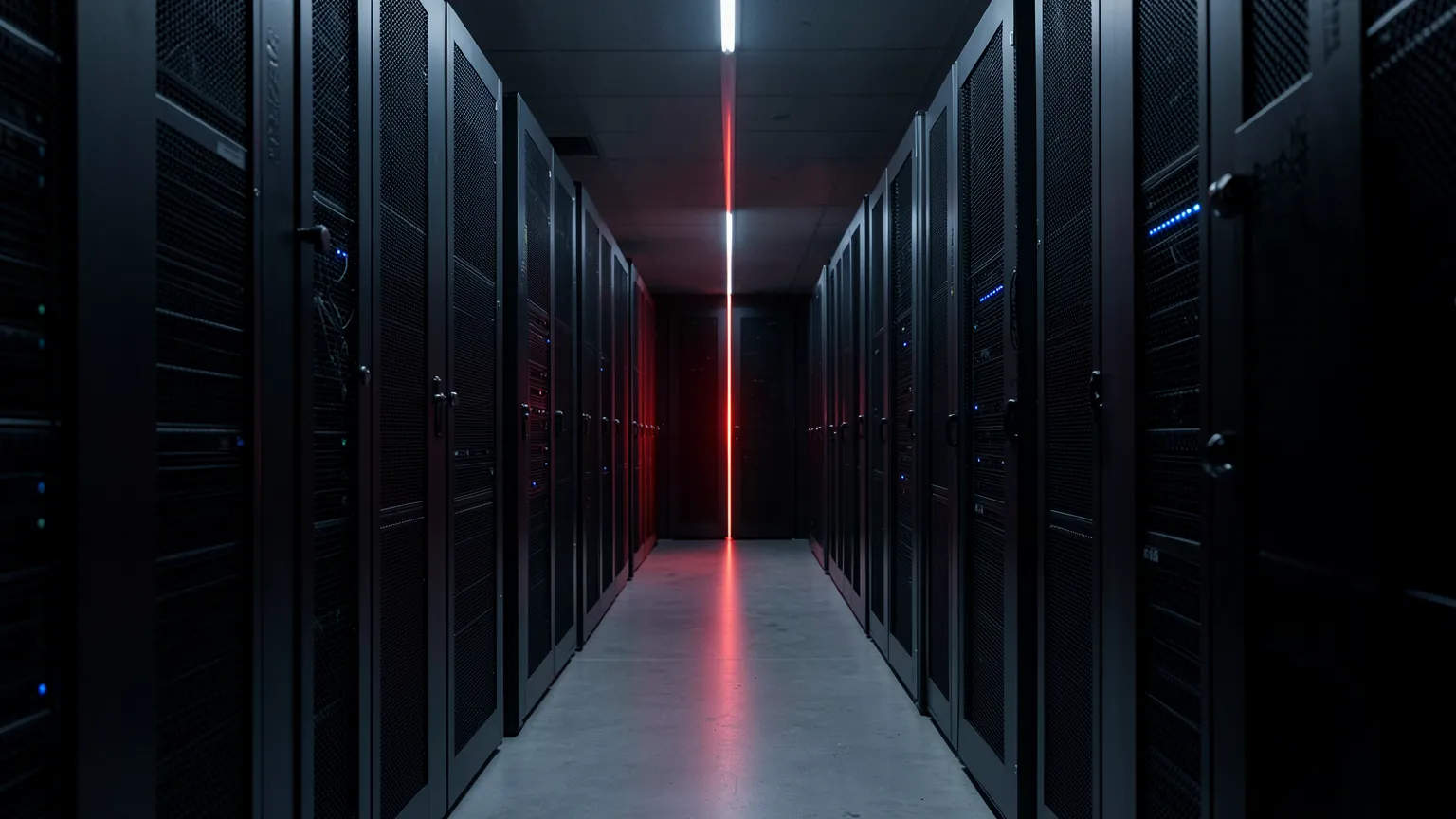 Servidor de un centro de datos con una rendija de luz roja entre los armarios oscuros, en un pasillo en penumbra