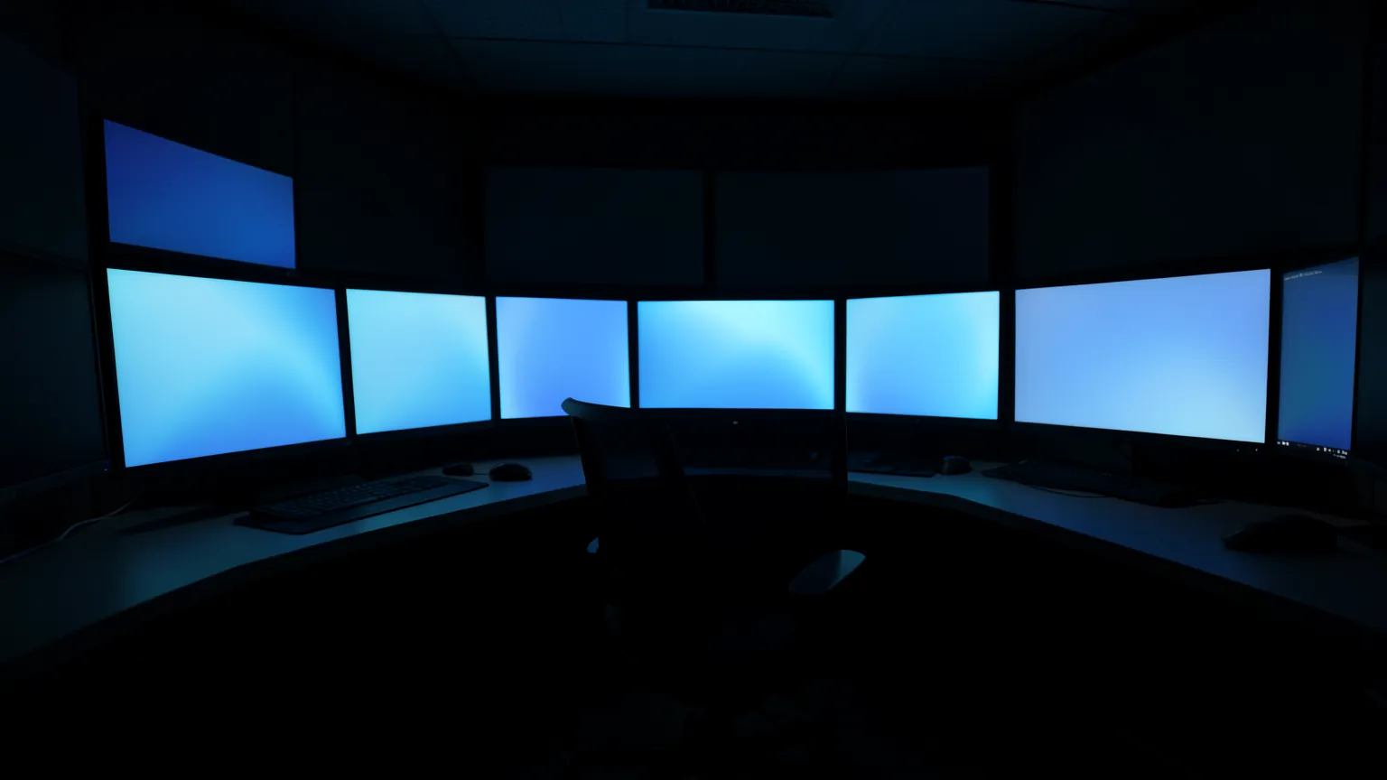 Sala de control en penumbra con varias pantallas encendidas y una silla vacía frente a un escritorio