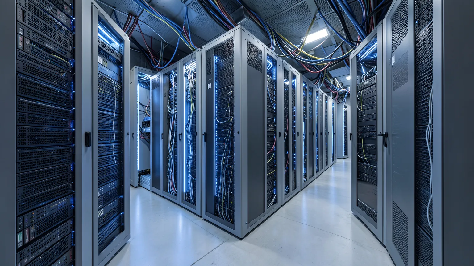 Pasillo de un centro de datos con armarios de servidores iluminados en azul y cables de red ordenados