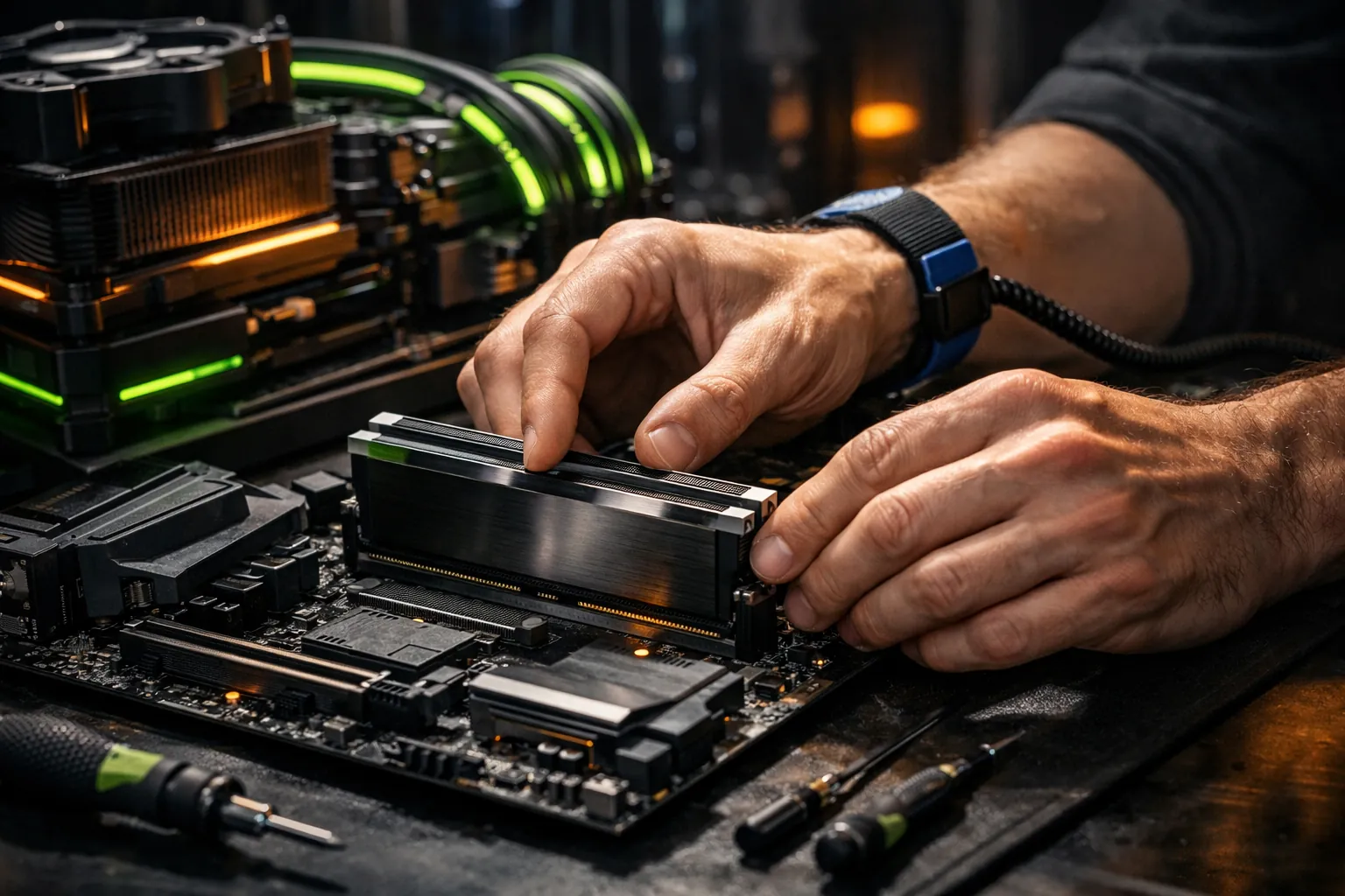 Manos con pulsera antiestatica montando modulos DDR6 en una placa base sobre superficie de trabajo