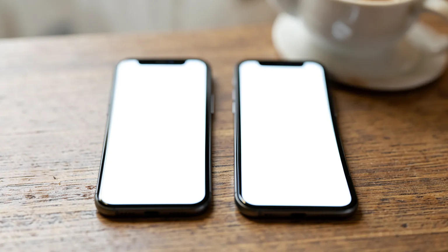 Dos teléfonos móviles colocados uno junto al otro sobre una mesa de madera con la pantalla encendida en blanco
