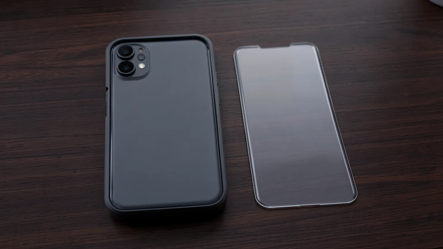 Teléfono boca abajo con funda oscura junto a un protector de pantalla de cristal sobre un escritorio