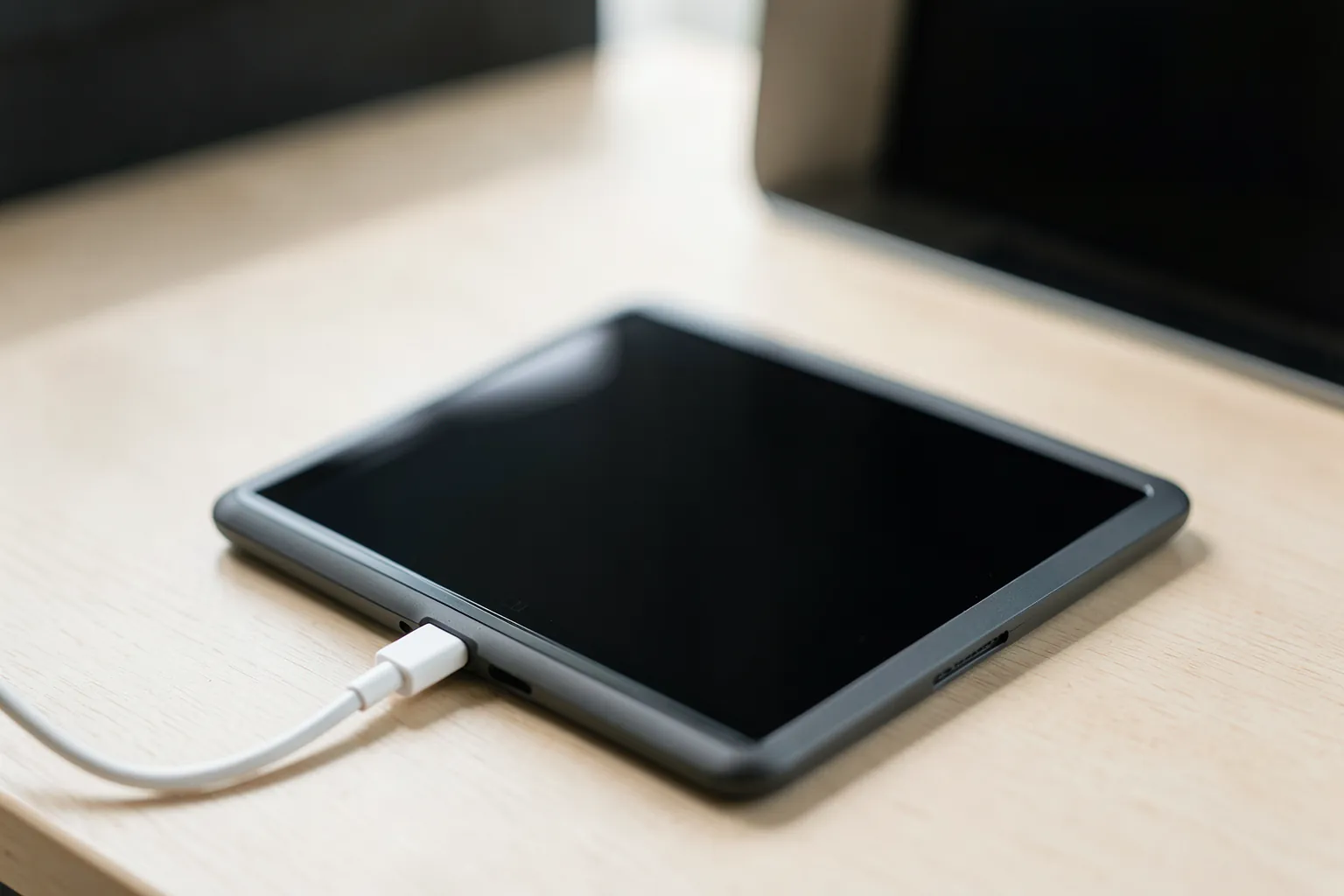 Lector de libros electrónicos sin marcas conectado con un cable USB-C a un ordenador portátil sobre un escritorio claro