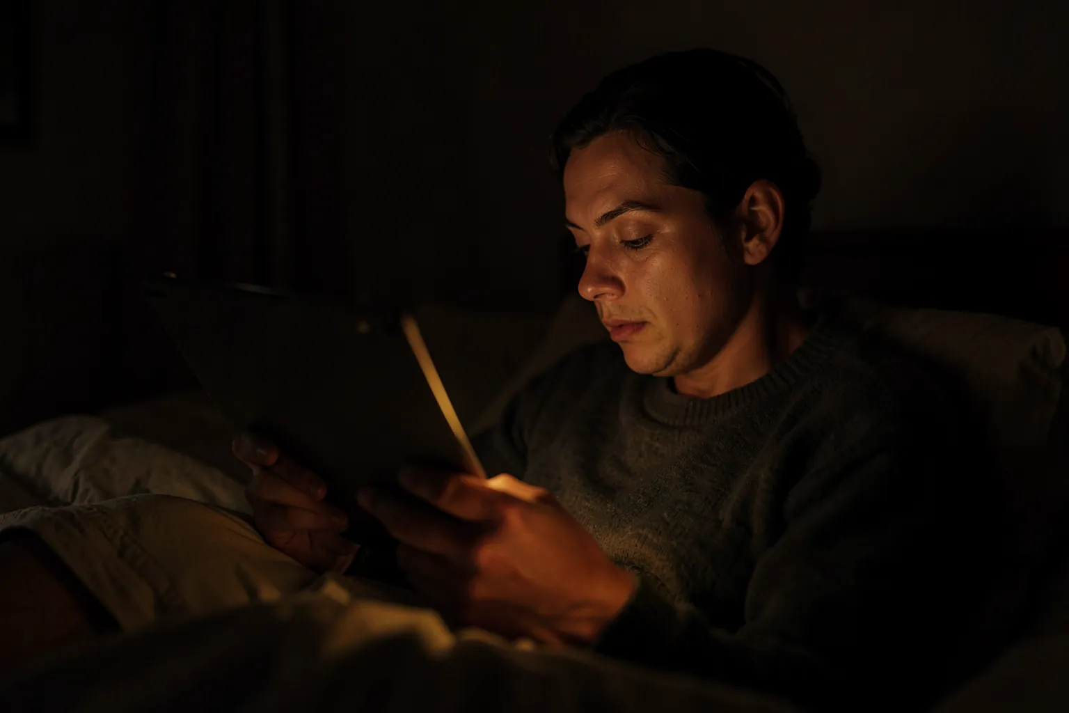 Persona leyendo de noche en la cama con un lector de libros electrónicos sin marcas iluminado con luz cálida