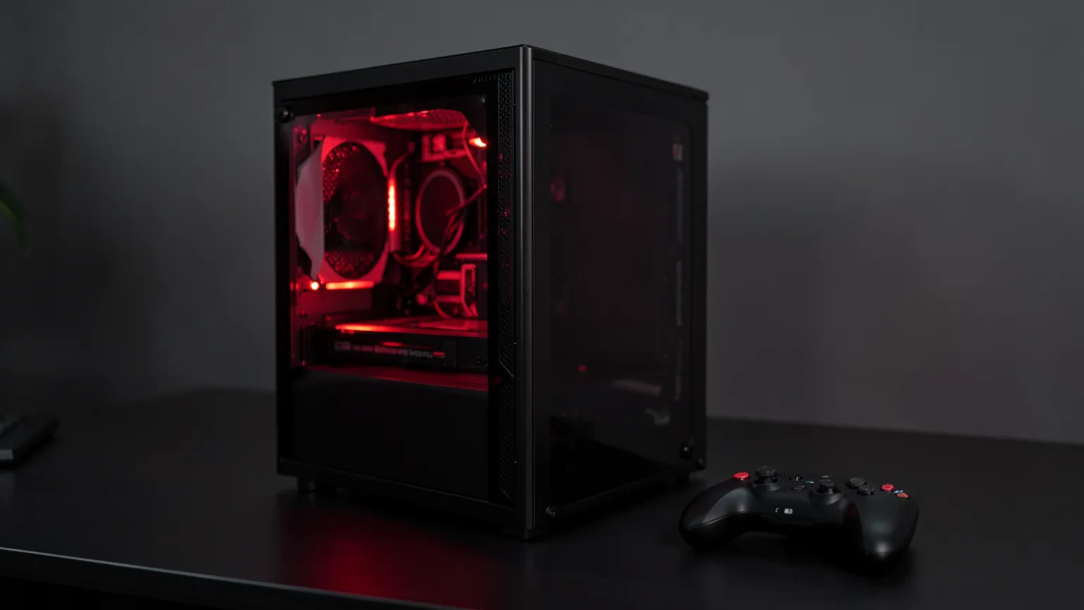Torre de PC gaming con lateral de cristal e iluminación roja tenue sobre un escritorio oscuro junto a un mando