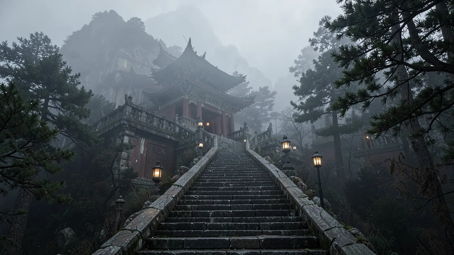 Templo de montaña de arquitectura china antigua entre la niebla, con escaleras de piedra y faroles apagados