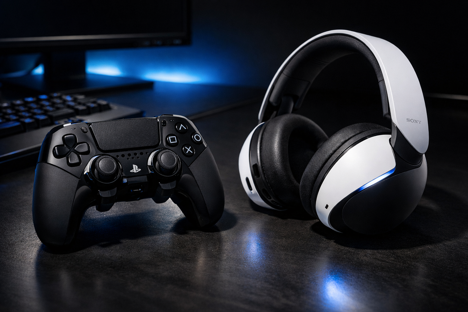 Setup PS5 con mando DualSense Edge y auriculares Pulse Elite preparado para jugar Darktide