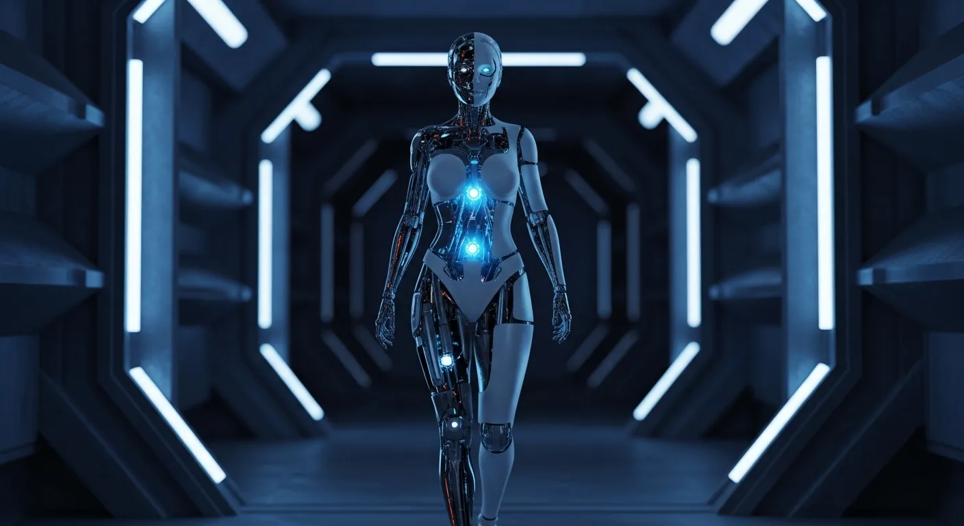 Diana, la androide de Lunafilament, en un entorno lunar oscuro con iluminación neón