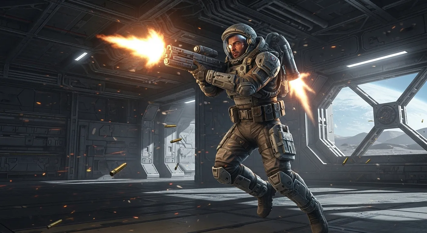 Hugh Williams en combate con armas y jetpack dentro de la estación lunar