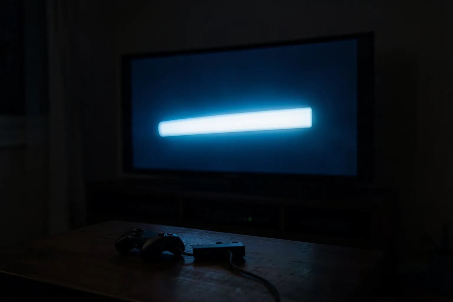 Salón de noche con una consola bajo el televisor, que muestra una barra de progreso luminosa abstracta, y un mando sobre la mesa
