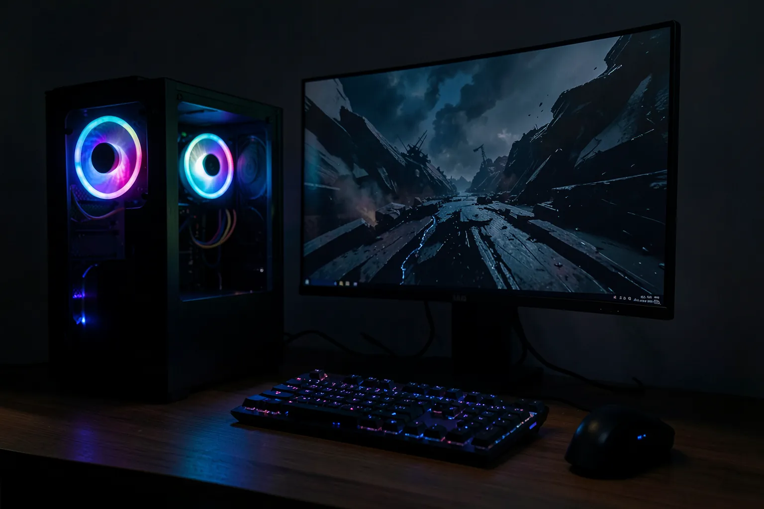 PC gaming con ventiladores iluminados y un monitor grande que muestra una escena militar oscura abstracta, con teclado y auriculares en una habitación a oscuras