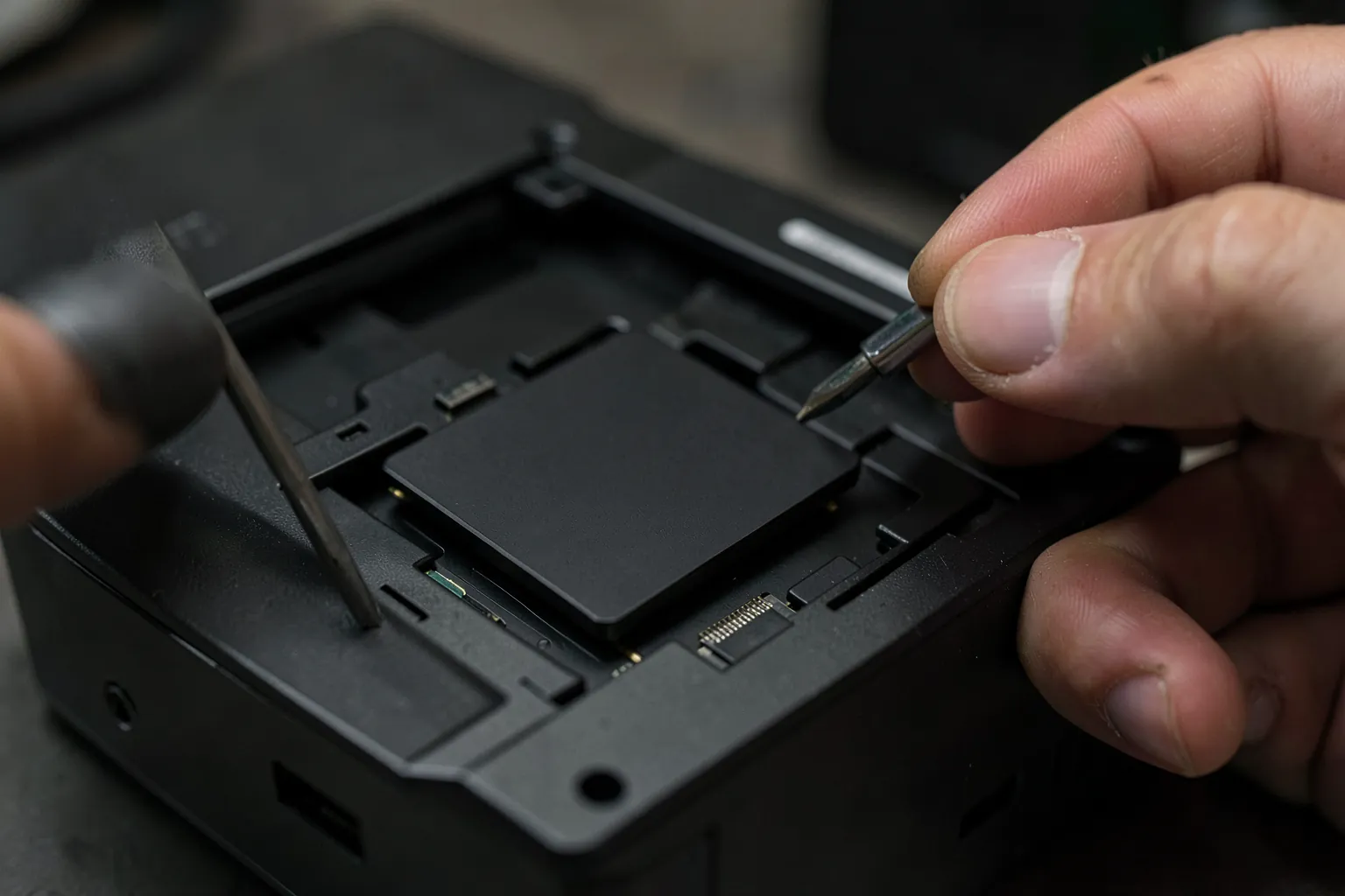 Manos instalando un SSD M.2 negro con disipador metálico en la ranura abierta de una consola, con un destornillador pequeño