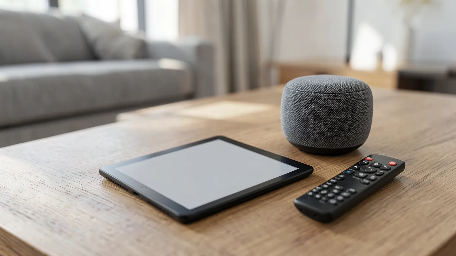 Lector de libros electrónicos, altavoz inteligente y mando de televisión sobre una mesa de salón