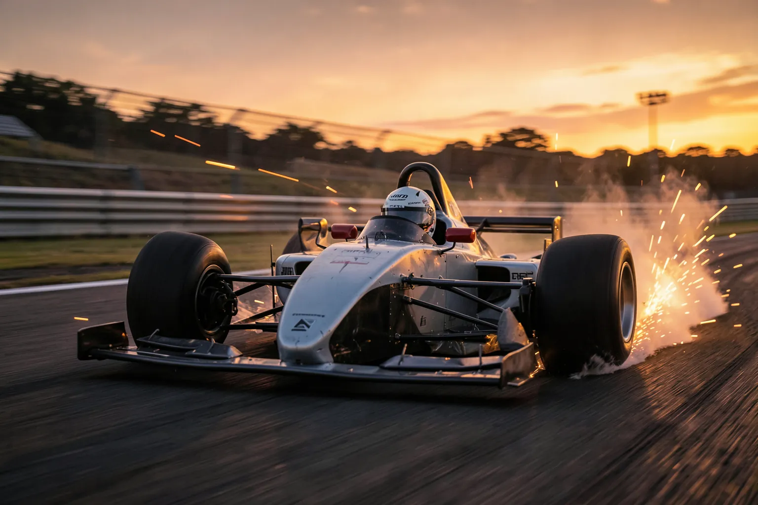 Monoplaza de carreras sin marcas tomando una curva a gran velocidad en un circuito al atardecer con chispas saliendo del fondo plano