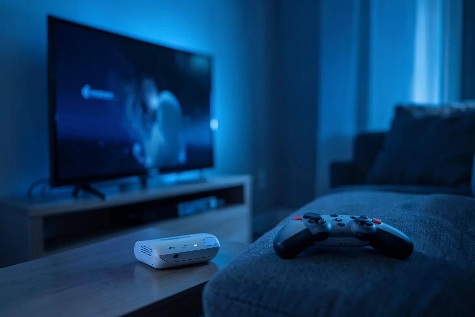 Consola blanca de sobremesa junto a un televisor encendido en un salón moderno con un mando sobre el sofá y luz azul ambiental