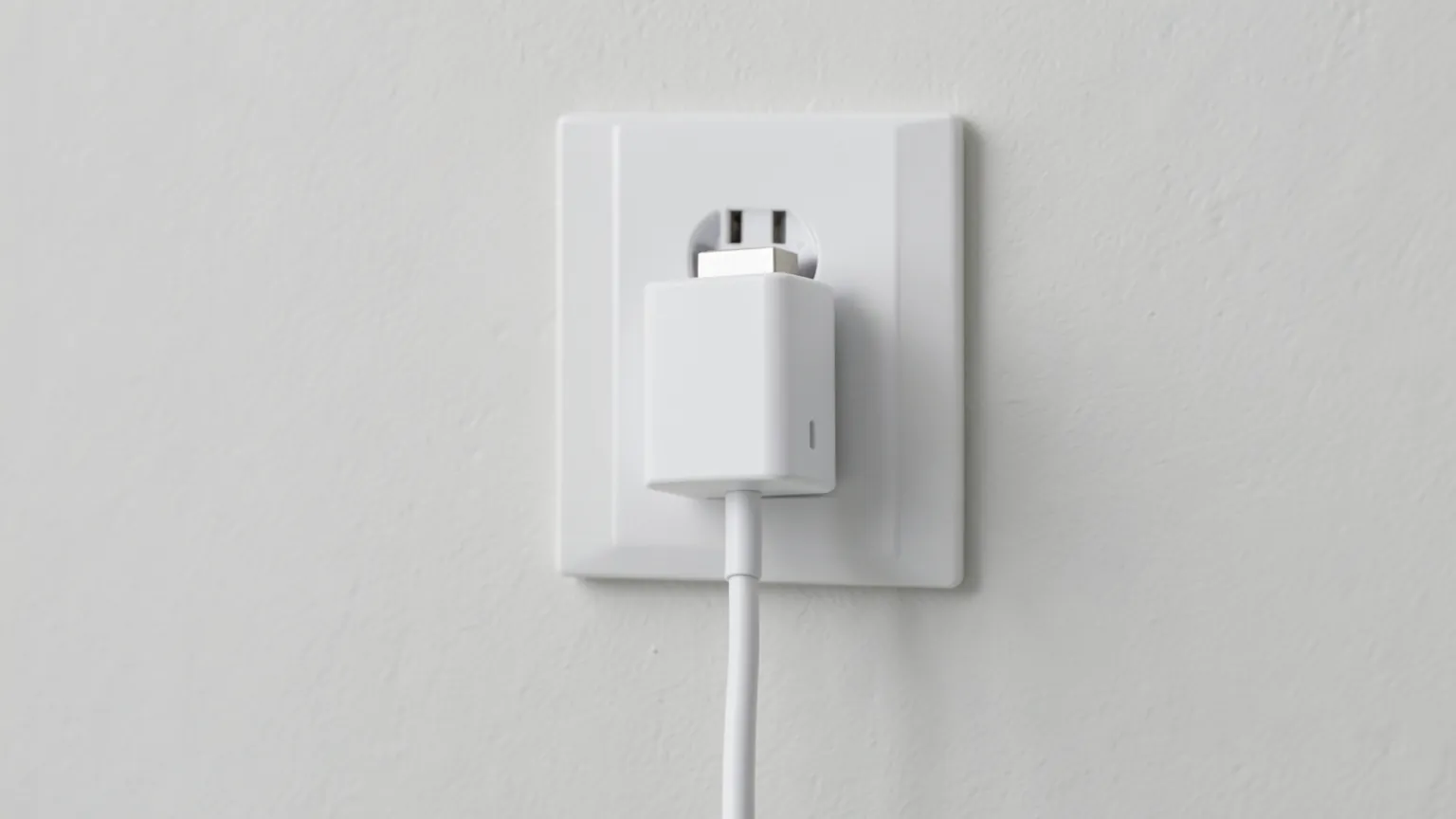 Adaptador de corriente USB-C blanco y compacto enchufado a una pared clara con un cable conectado